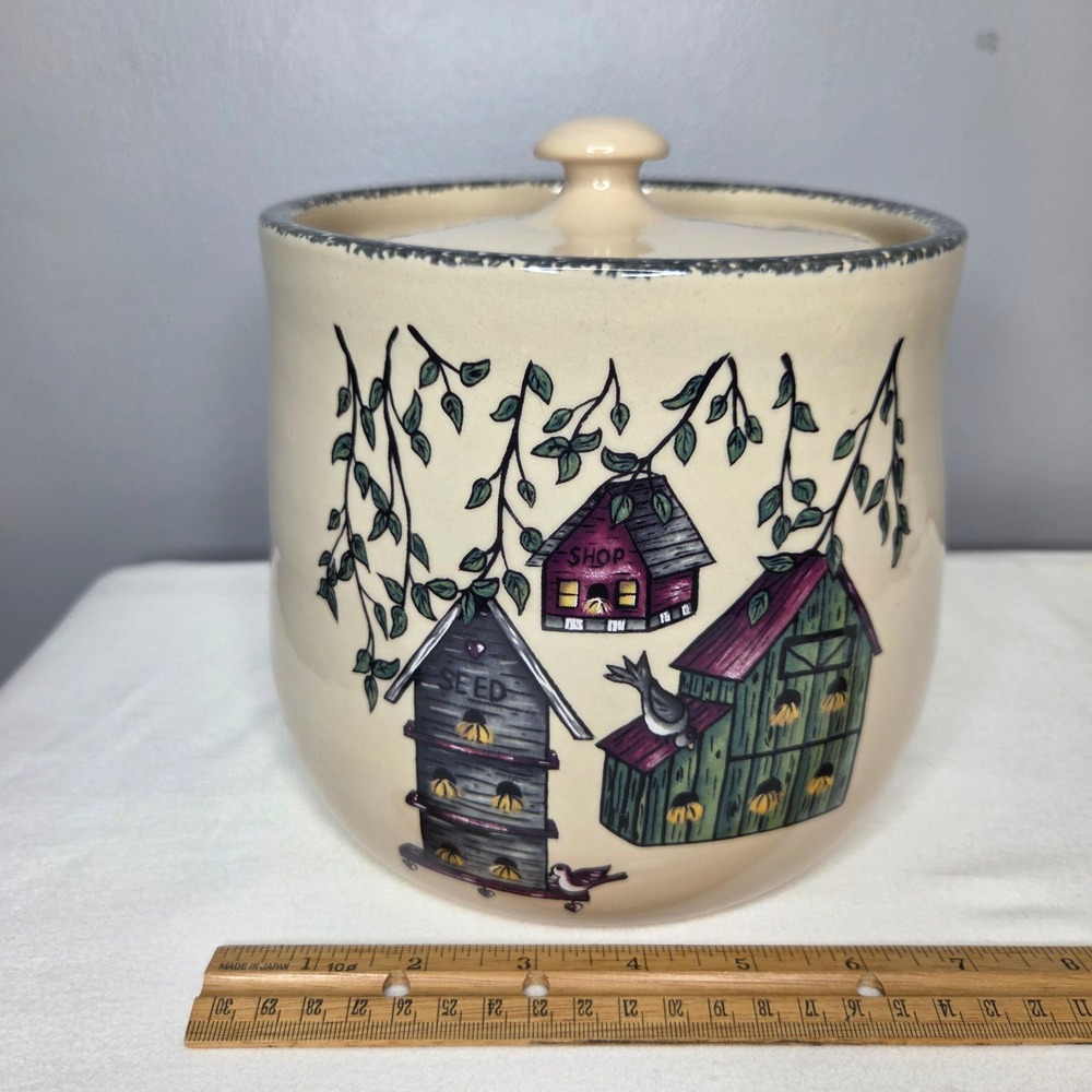 Vtg Home & Garden Party Ltd Birdhouse Ceramic Cookie Jar Canister Cream & Green